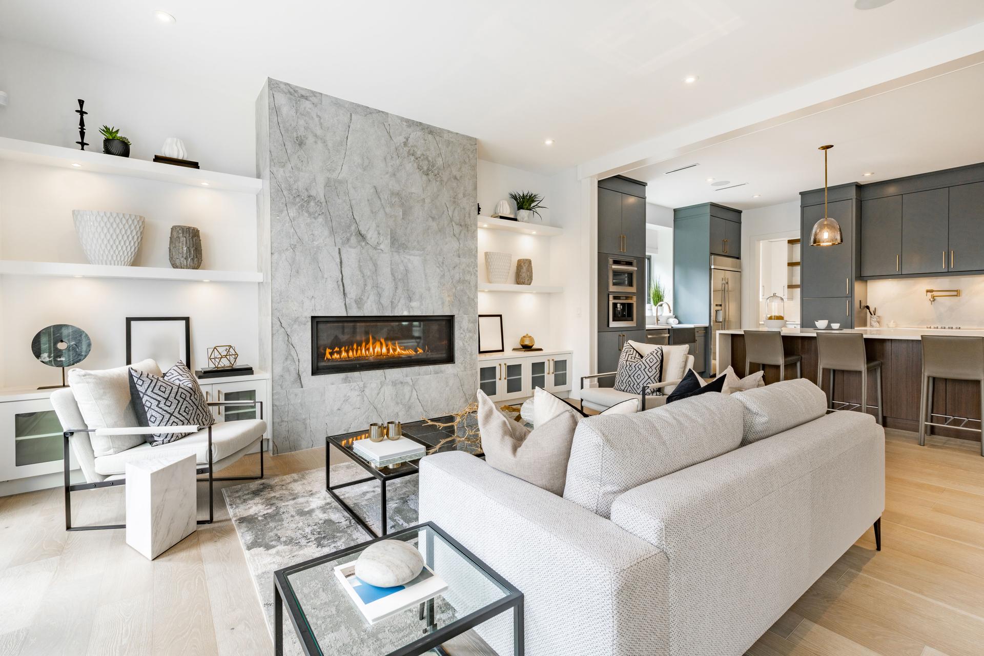 Modern contemporary home interiors living room dining room kitchen  bathroom bedroom office study entry foyer staircase front door hallway. Kitchen interior is spacious and open concept view to living room